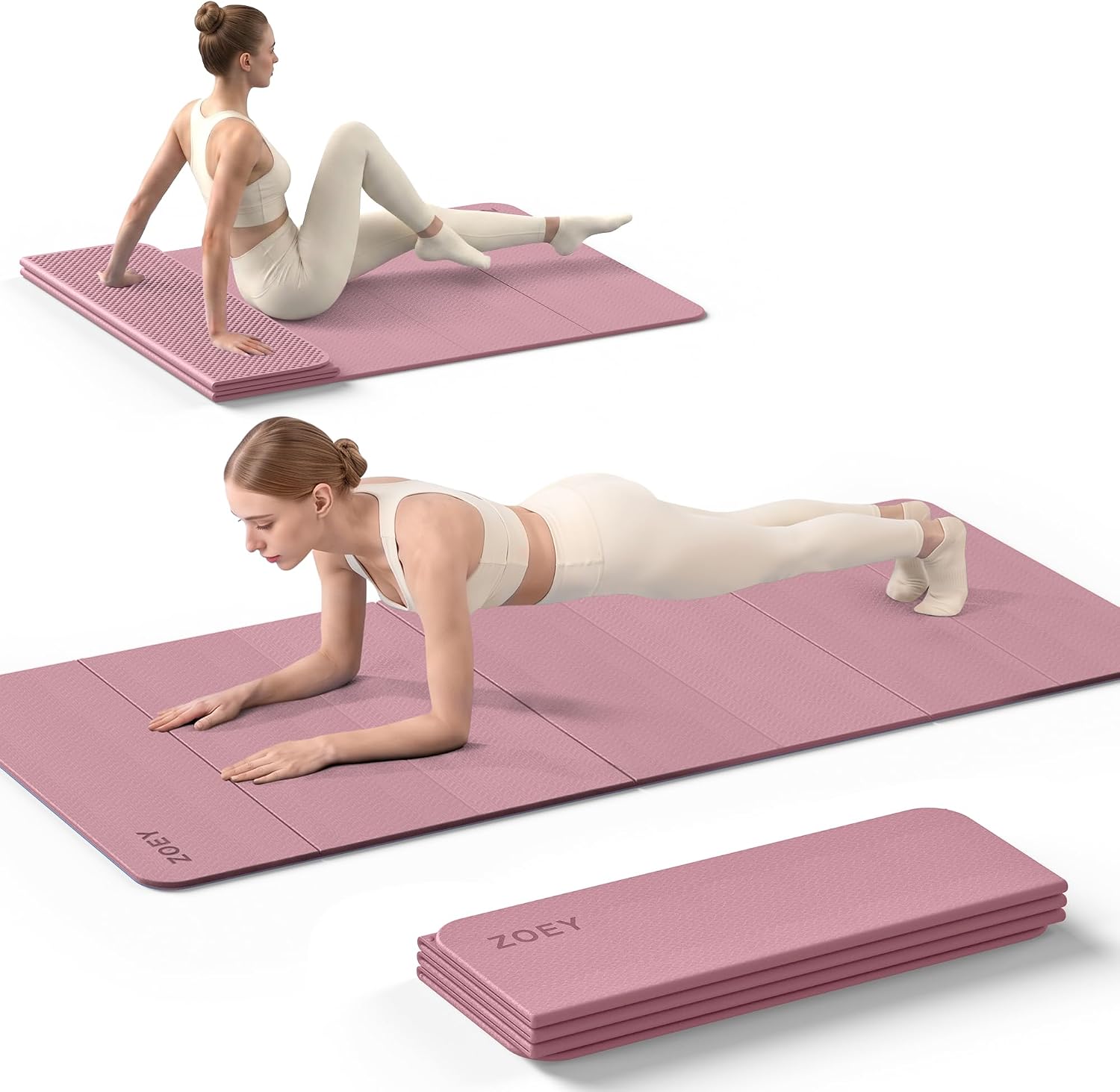ZOEY 7-Fold Foldable Yoga & Exercise Mat, 74.8x31.5 Extra Wide 31.5 Inch XL Extra Large Lightweight Mat, Folding Pilates Stretching Mat, Anti-Slip Double Non Slip Noise Reducing Hot Yoga Mat, Odorless Non Toxic Eco TPE Workout Mat for Beginners Women Men, Portable Travel Home Gym Floor Camping Fitness Mat, Dusty Black, Captain's Blue, Smoky Pink