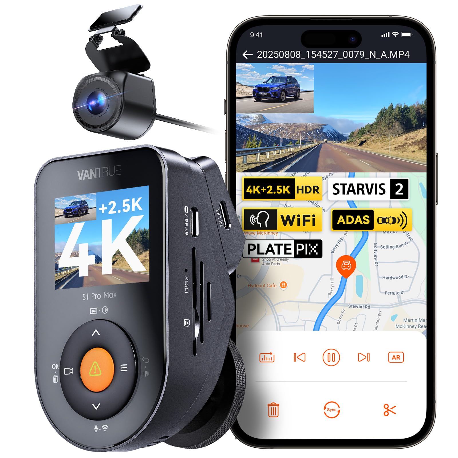Vantrue S1 Pro Max 4K+2.5K Dash Cam, Dual STARVIS 2 Front and Rear
