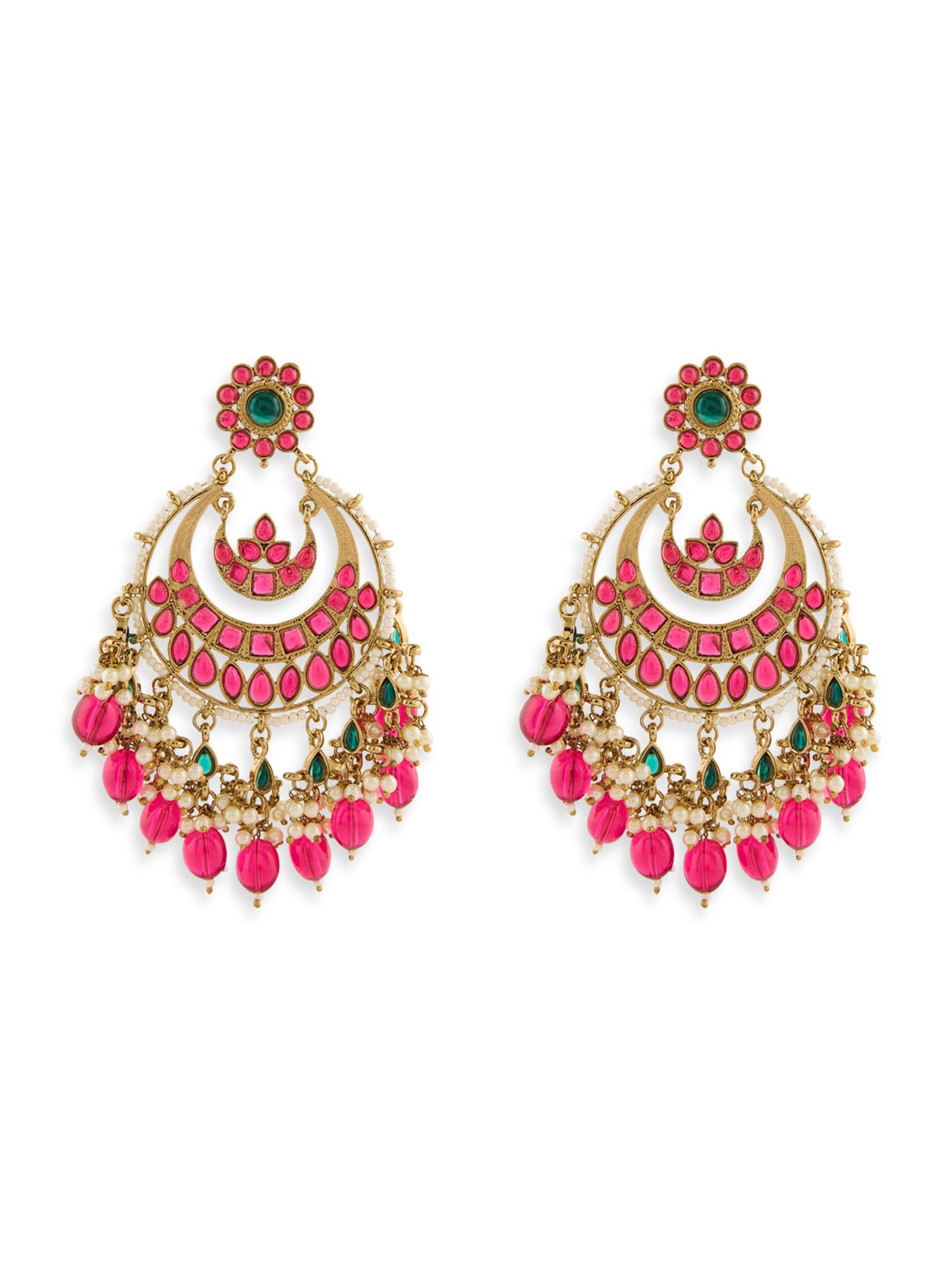 Rani Pink & Green Stones Beads Embellished Antique Plating Statement Chandbali Earring For Women-ZPFK21482-image-45