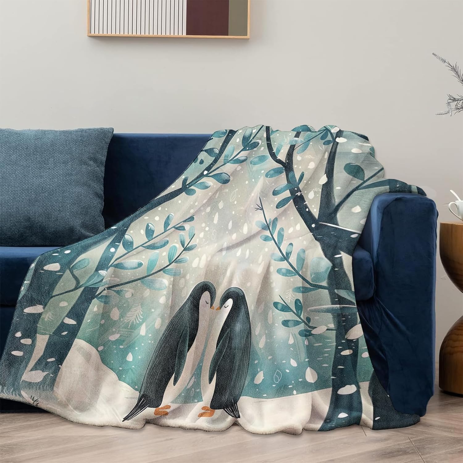 Penguin Blanket Flannel Throw Blankets, Romantic Winter Animal Love Lightweight Warm Soft Cozy for Couple Women, for Sofa Couch Chair Living Room Bedroom Home Decor, 50x60inch - Image 2