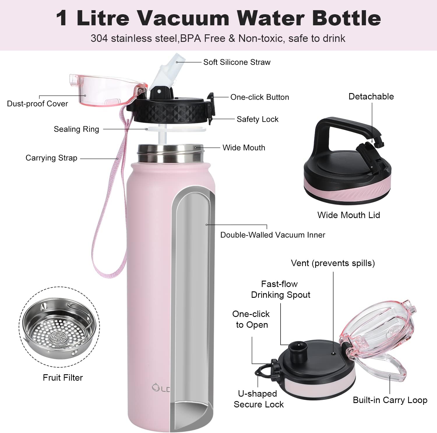 OLDLEY Stainless Steel Water Bottle with Straw 1L Vaccum Insulated Large Drink Flask Metal Water Bottles 1 Litre Leakproof Keep Drinks Hot Cold for Sports Gym Travel with Different Lids(Pink - Image 5