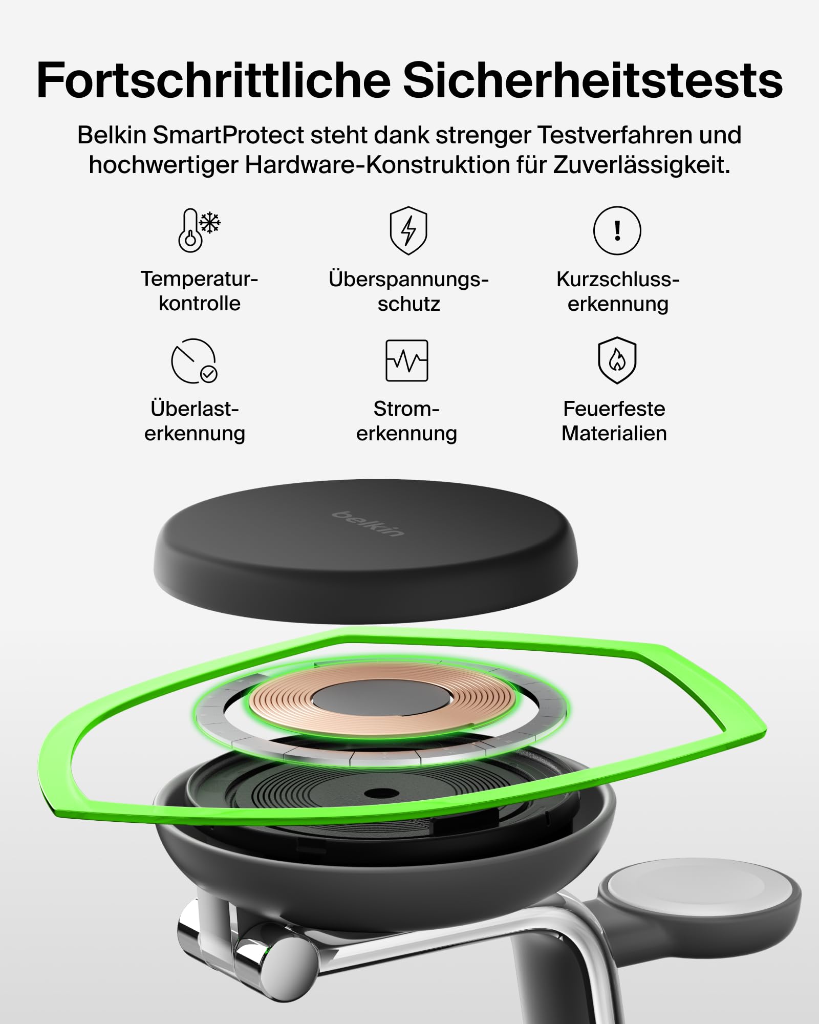 Belkin UltraCharge Pro Qi2.2 Induktive Ladestation, 25W, 3 in 1 Ladegerät MagSafe Kompatibel, Wireless Charger für iPhone 17, Air, Apple Watch, AirPods, Pixelsnap mit Lüfter, 45-W-Adapter – Schwarz