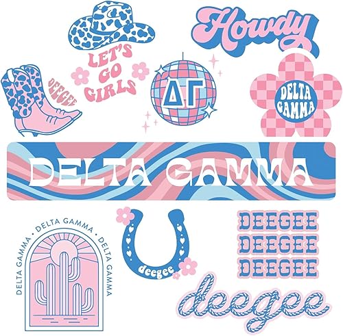 Delta Gamma - Hoja de calcomanías de vinilo de diseño occidental con diseños oficiales, adhesivo extraíble, 10 calcomanías por hoja, por Sorority