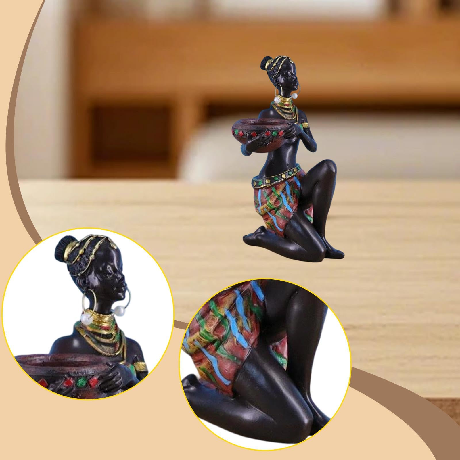 Figurina Mujer Africana Adorno Mesa Centro Figura Arte Tribal Soporte Vela Escultura de Resina Adecuada para Regalo Decoración Hogar Oficina Dormitori, Falda Marrón, Individual