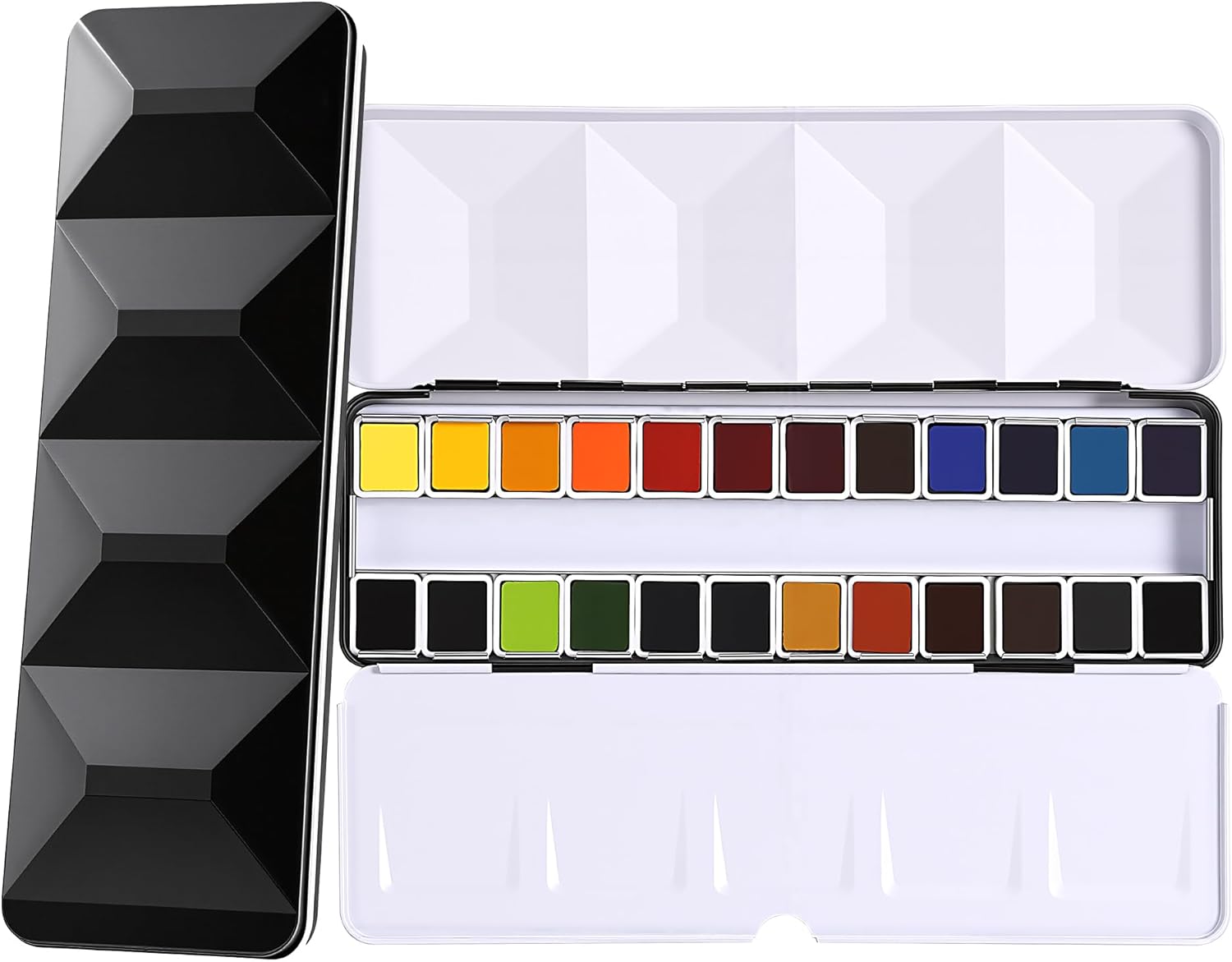 rubens Professional Watercolor Paint Set 24 Colors, Premium Solid Half Pans in Exquisite Black Diamond-Texture Metal Box with Finger Ring, Luxury Portable Travel Kit for Artists & Urban Sketchers