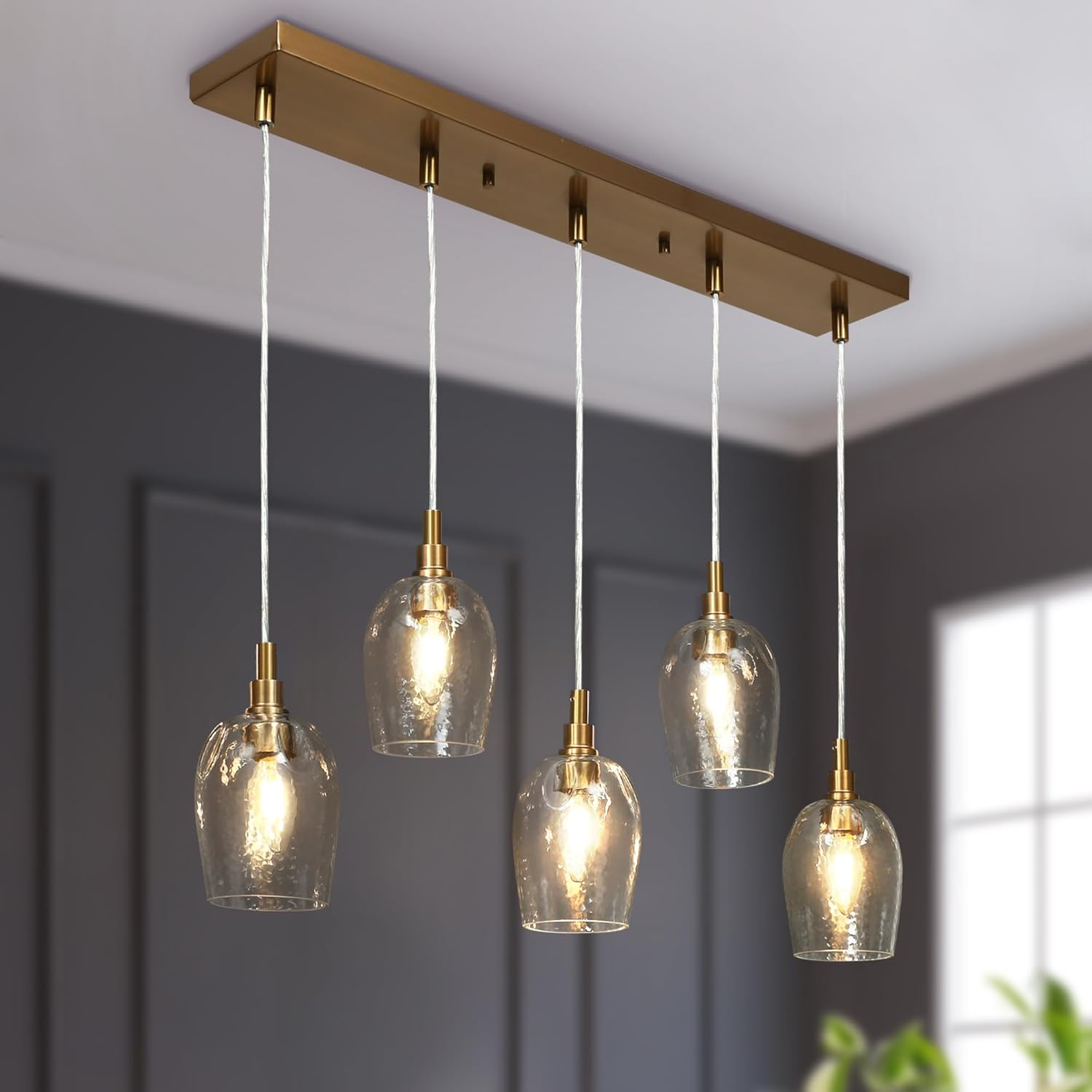 KSANA Pendant Light Kitchen Island, 5 Light Gold Chandelier Kitchen Island Light with Textured Glass Modern Pendant Lighting for Dining Room Hallway