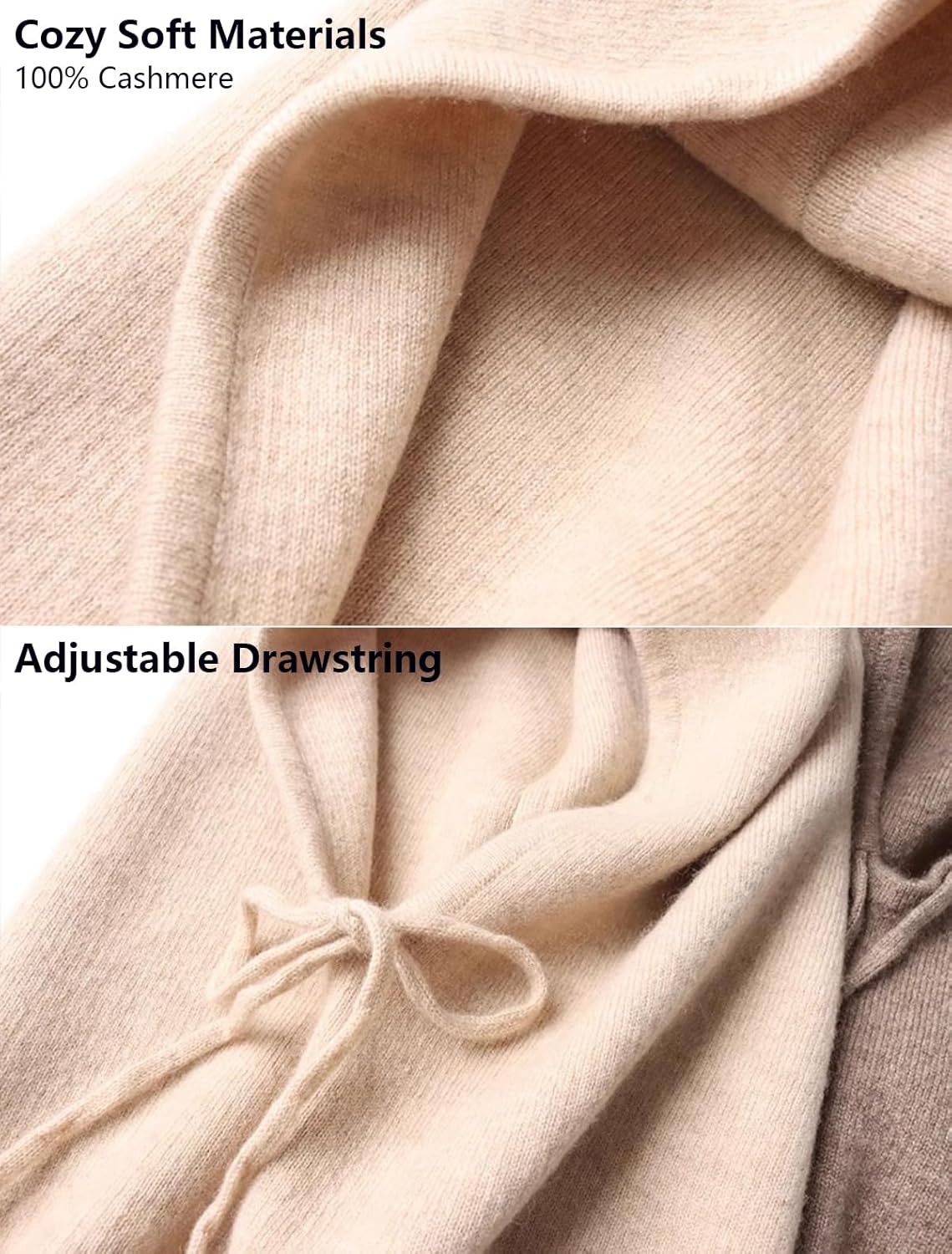 100% Cashmere Knitted Hood Loop Scarf for Women Men, Winter Soft Warm Knit Beanie Hat Circle Scarves 2-in-1 with Drawstring, Stylish Balaclava Earflap Hat Neck Warmer for Outdoor Sports Beige F