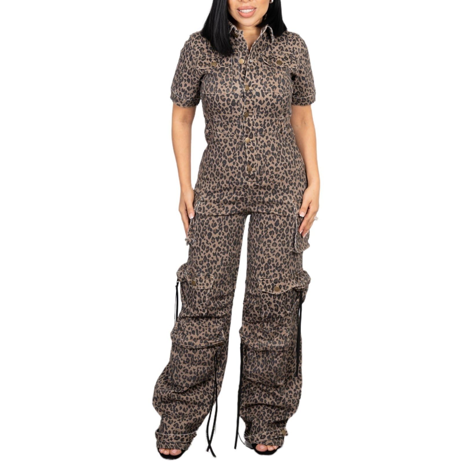Modny kombinezon cargo dla kobiet Leopard Print Lapel Button Workowate pajacyki z kieszeniami