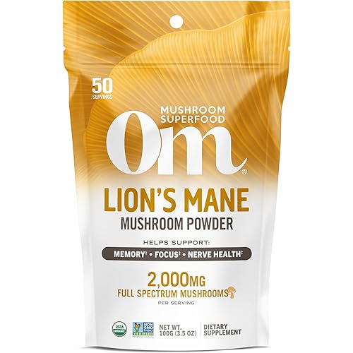 OM MUSHROOM SUPERFOOD Lion's Mane Organic Mushroom Powder, Improves Memory, Focus, Clarity, Nerve Health, and Mood Support, 3.5 oz, 50 Servings Powder Supplement Pouch