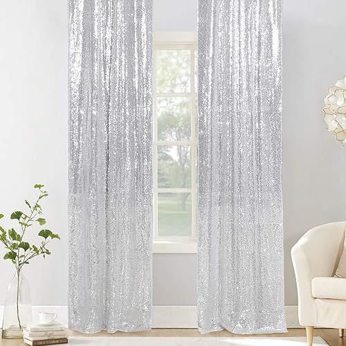 Miniatura 4 de PartyDelight Cortinas de fondo de lentejuelas brillantes plateadas de 2 x 8 pies, 2 paneles, para bodas, fiestas, decoración de habitaciones.