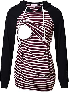 Women's Nursing Hoodie Sweatshirt Raglan Long Sleeves Casual Maternity Top Breastfeeding Clothes Burgundy White Striped L Price In India