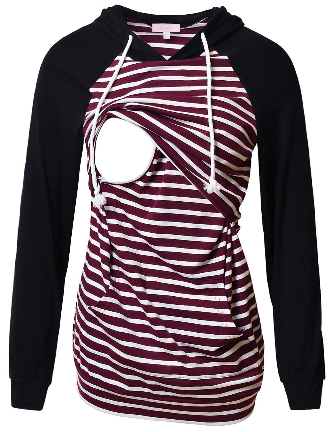 Women's Nursing Hoodie Sweatshirt Raglan Long Sleeves Casual Maternity Top Breastfeeding Clothes Burgundy White Striped L
