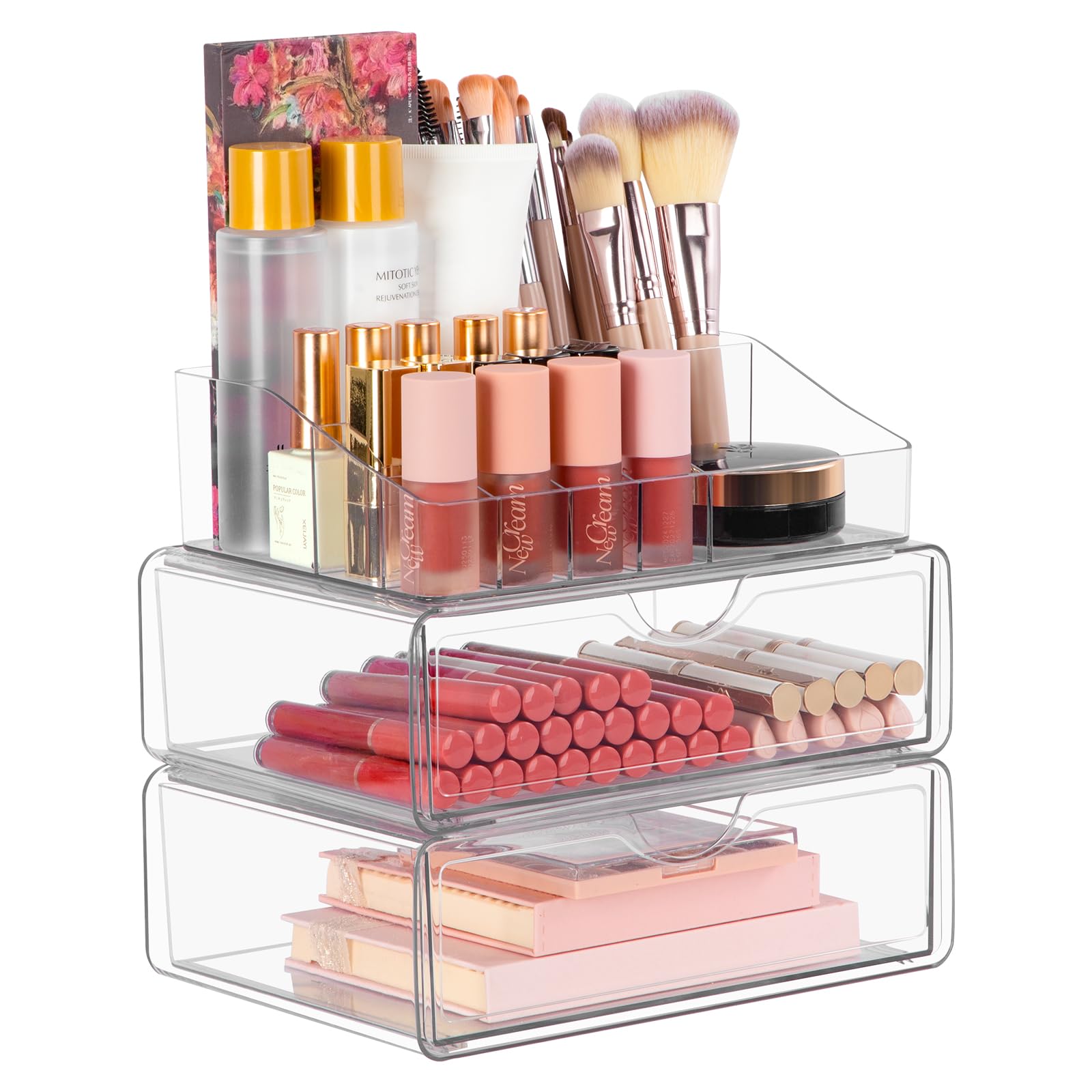 FoiiLiio Organizzatore di Trucco Multifunzione, Organizer Trucchi Con Scomparti e 2 Cassetti Impermeabili Porta Trucchi, Organizzatore Trucchi Trasparente In Acrilico (Con cuscinetti antiscivolo)