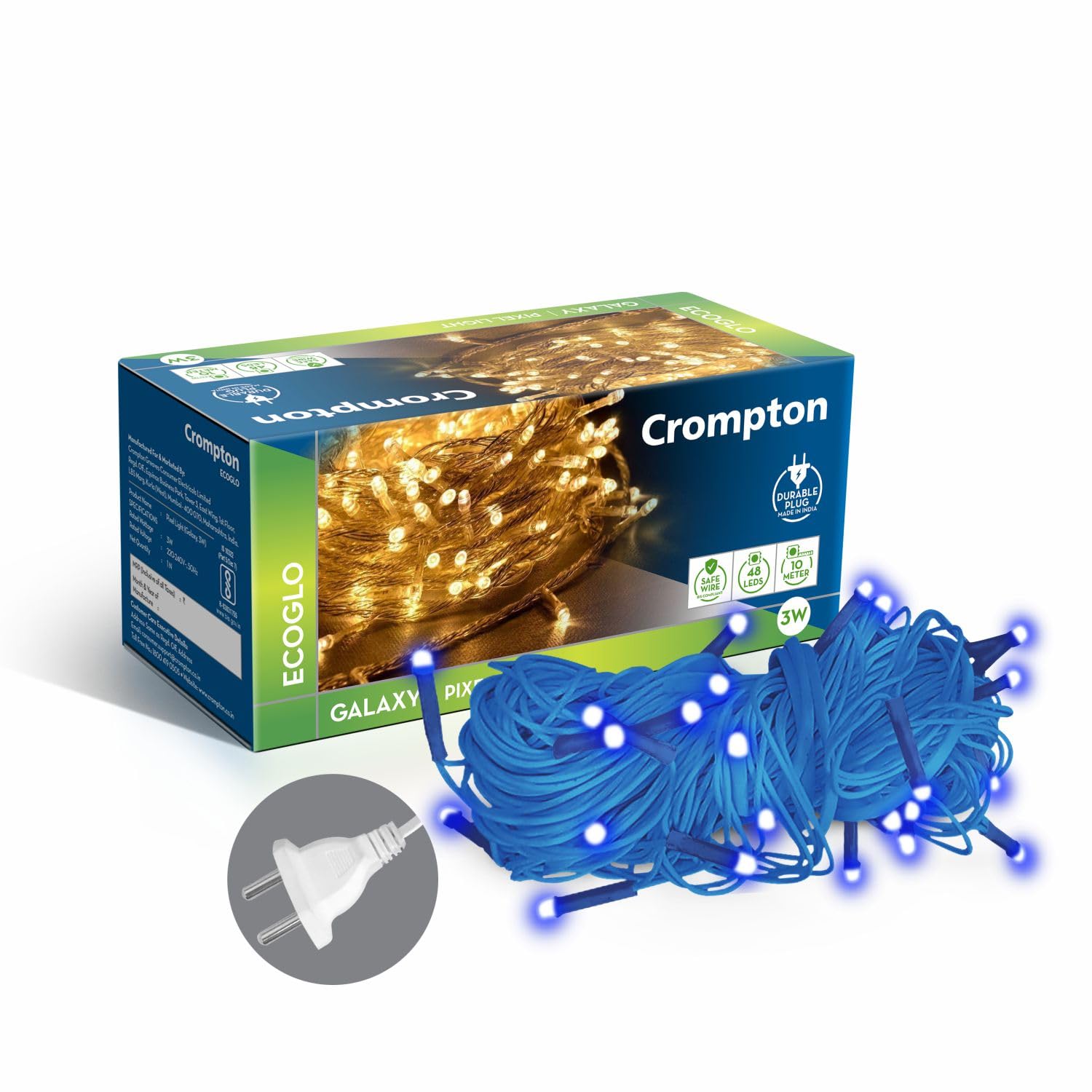 Crompton Galaxy Pixel Light | Festive Ladi Lights | 10 Meter | 48 LEDs | Blue | Pack of 1 | Direct 2-pin Plug | BIS Safe Wire | for Home Decoration, Diwali, Festival, Birthday, Marriage