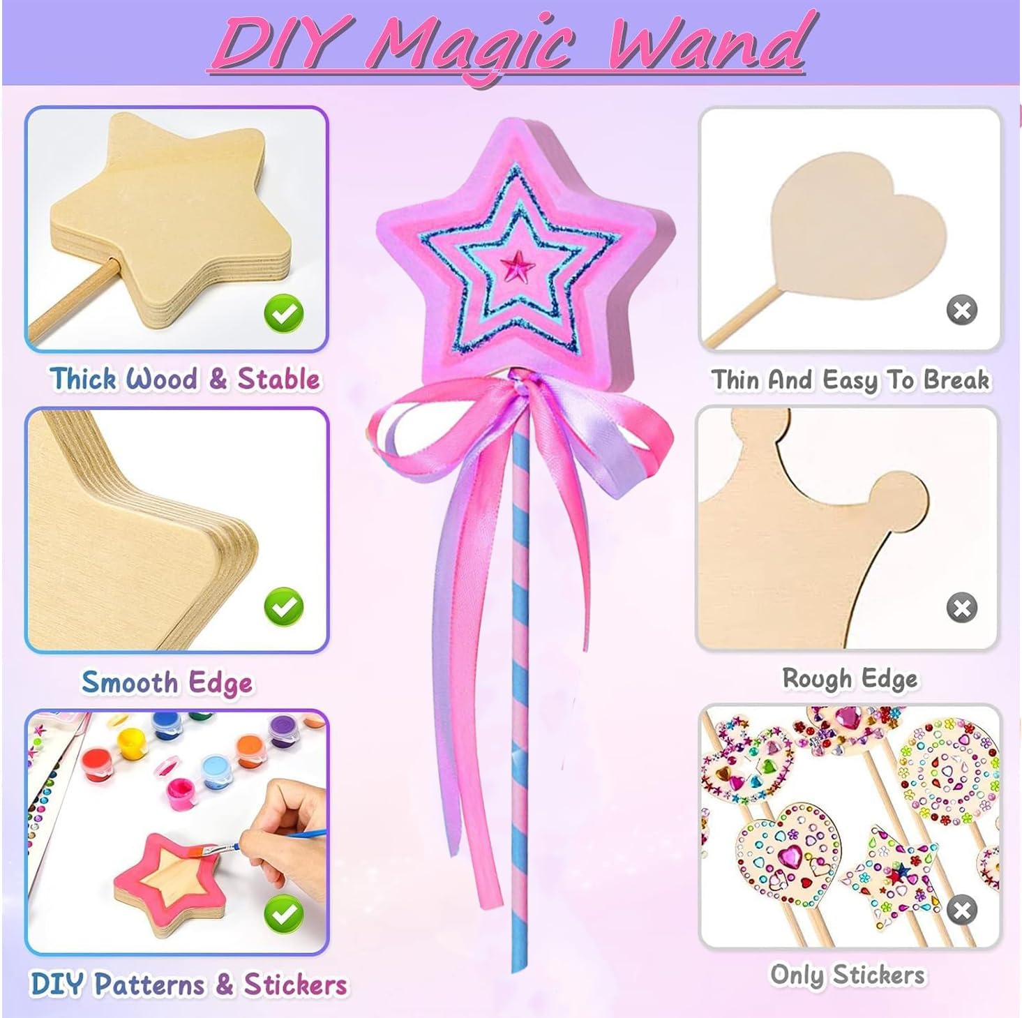 GUOYOU 27 sztuk Magiczna Drewniana Różdżka Księżniczka Różdżka Wróżdżka dla Dzieci Zestaw Rzemiosła Dziewczyny Drewniane DIY Rzemiosło Magiczne Różdżki Wróżki do Malowania