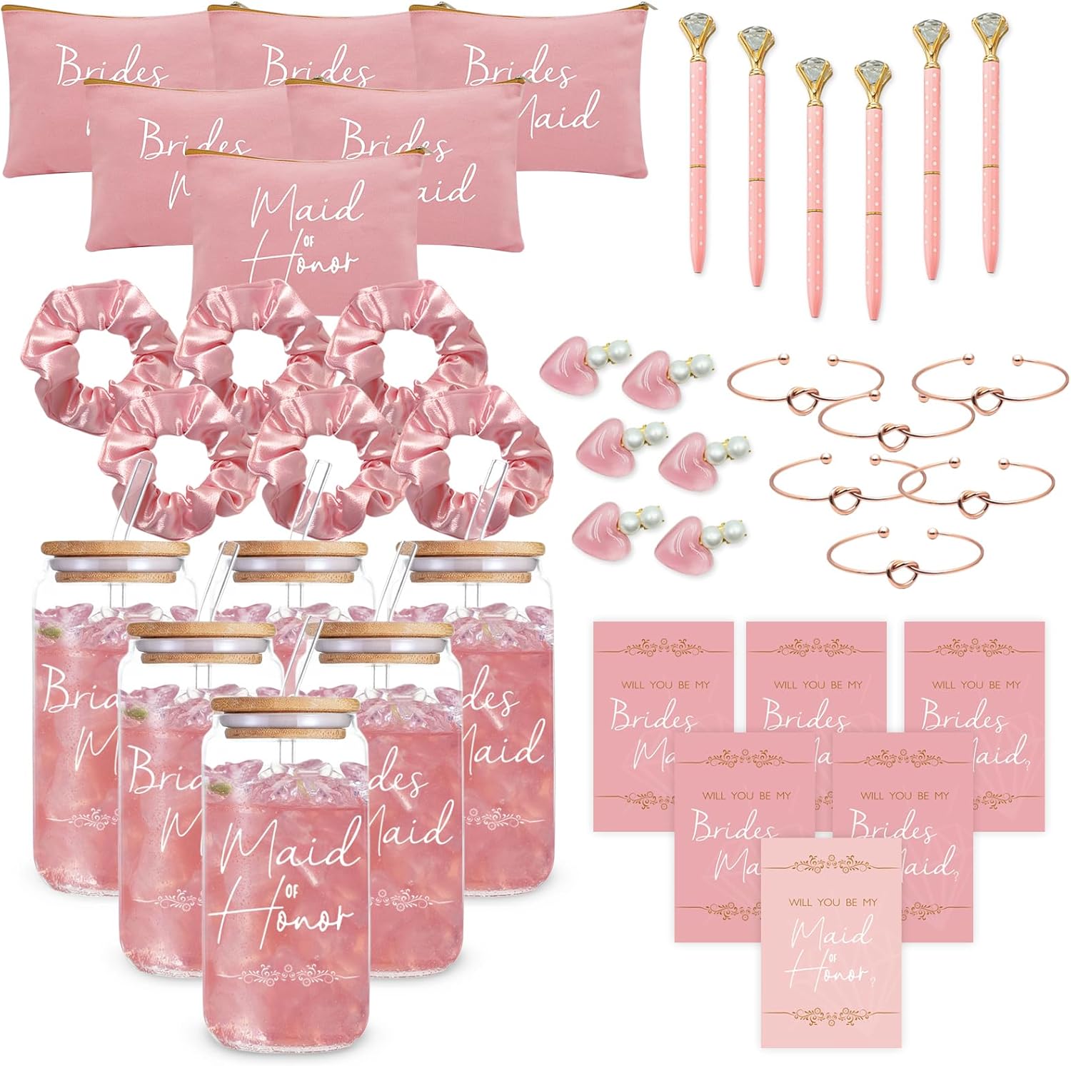 KIKINIKO Bridesmaid Gifts Set of 6 Pink, Total 42 pcs, Bridesmaid Proposal Gifts Contain 16oz Glass Cups Cosmetic Makeup Bags Invited Cards Scrunchies Hair Knotted Bracelets Diamond Pens love clip