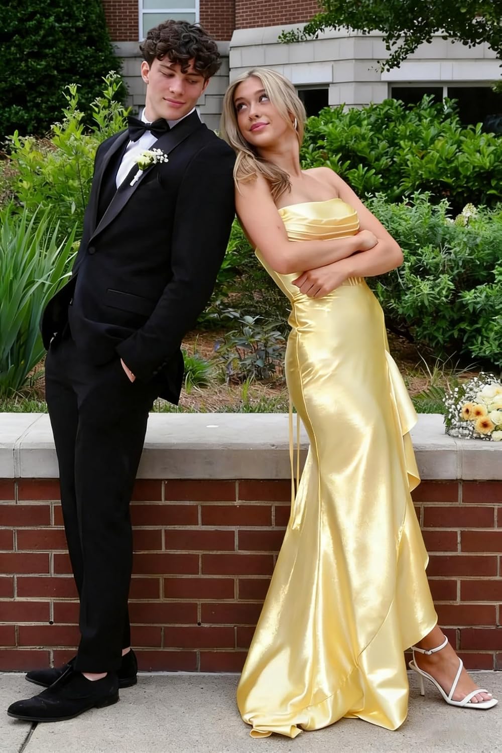 Strapless Prom Dresses for Women Satin Ruffles Long Corset Mermaid Formal Evening Gown with Slit