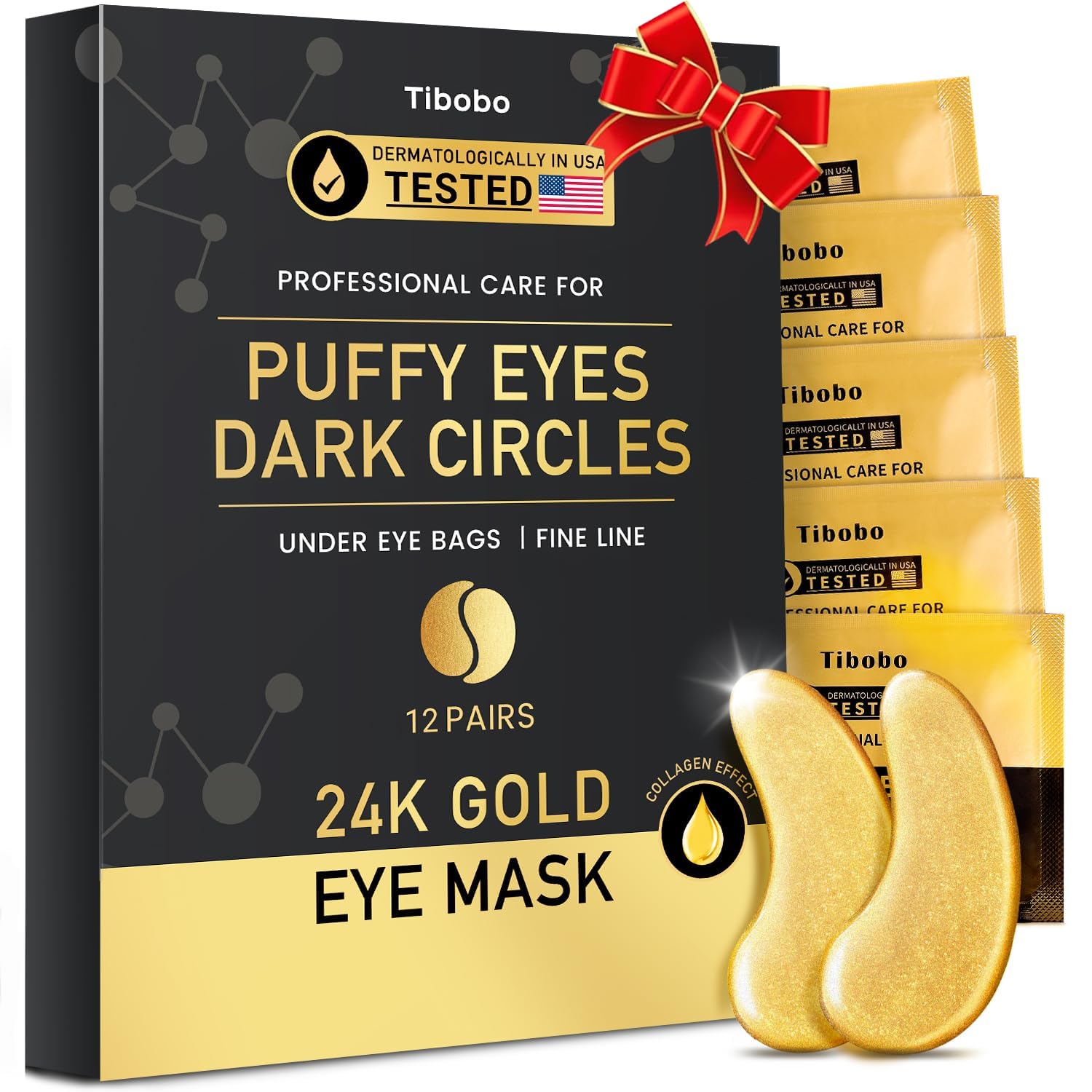 Under Eye Patches (12 Pairs) – 24K Gold Eye Masks Enriched with Abundant Collagen for Dark Circles, Puffy Eyes, Wrinkles – Gifts for Women Skin Care – Vegan & USA Tested