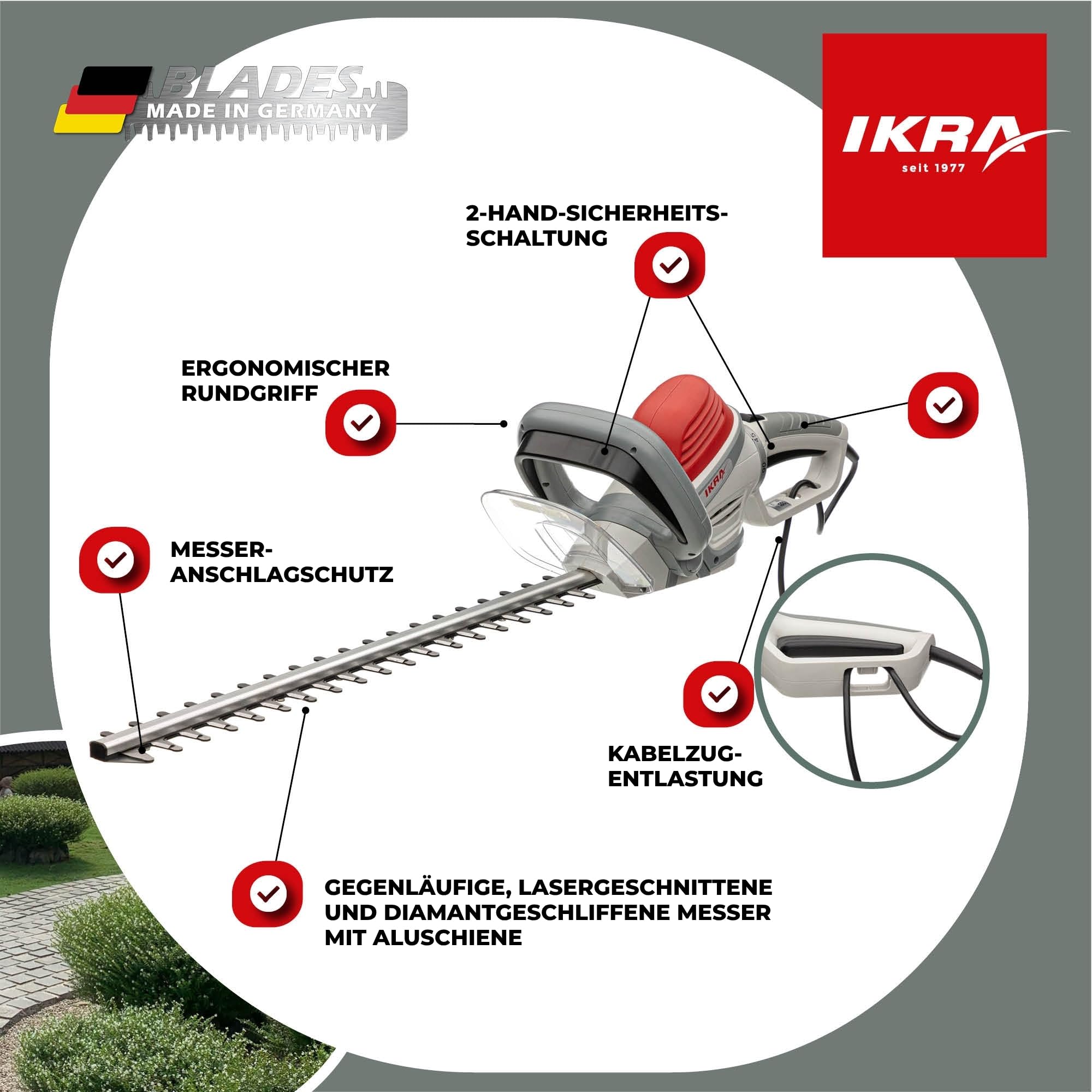 IKRA Elektro Heckenschere IHS 650, Schnittlänge 55cm, inkl. Pflegespray | Leistung 650 Watt, Schnittstärke 22mm, hohe Schnittleistung & geringe Vibration, 180° Drehgriff, Messer Made in Germany