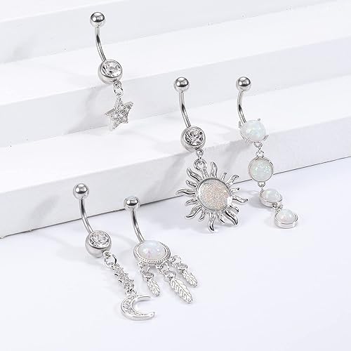 Miniatura 5 de Piercing para ombligo de 14G con plumas de ópalo, sol, luna, estrella para mujer, anillos de ombligo de acero quirúrgico 316L, joyería para piercing