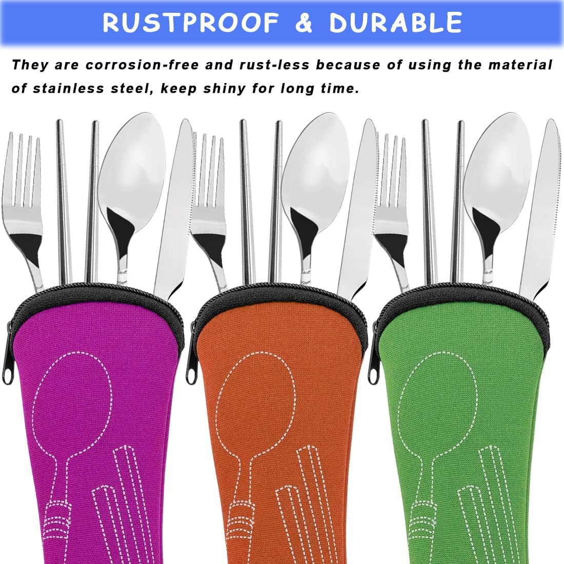3 Pack Camping Silverware Set, CKANDAY 12 Pcs Knife Fork Spoon Chopsticks Stainless Steel with Carrying Case Rustproof Tableware Flatware for Traveling Picnic Working Hiking-Red/Green/Orange