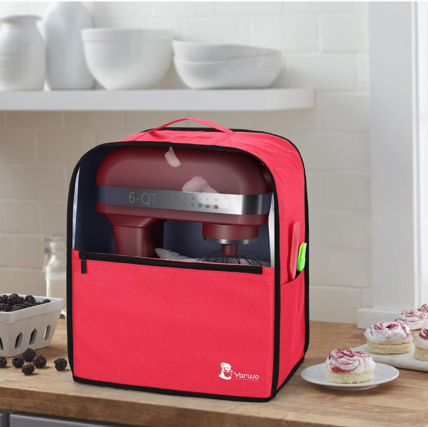 Yarwo Visible Stand Mixer Cover Compatible with 6-8 quart KitchenAid Mixer, Protective Dust Cover with Top Handle and Pockets for Accessories, Red