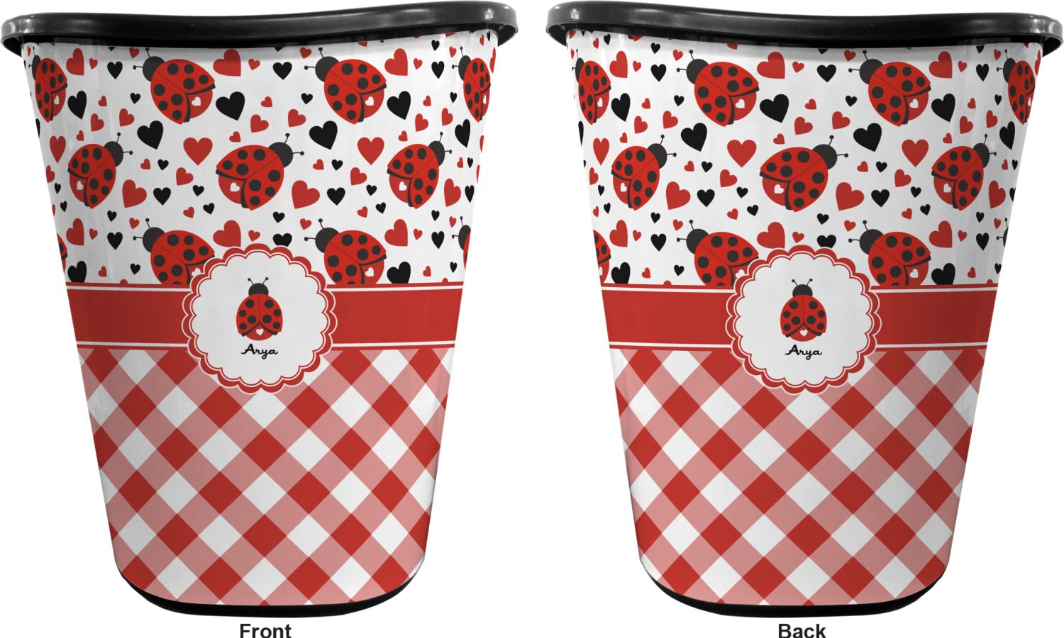 RNK Shops Personalized Ladybugs & Gingham Waste Basket - Double Sided (Black)
