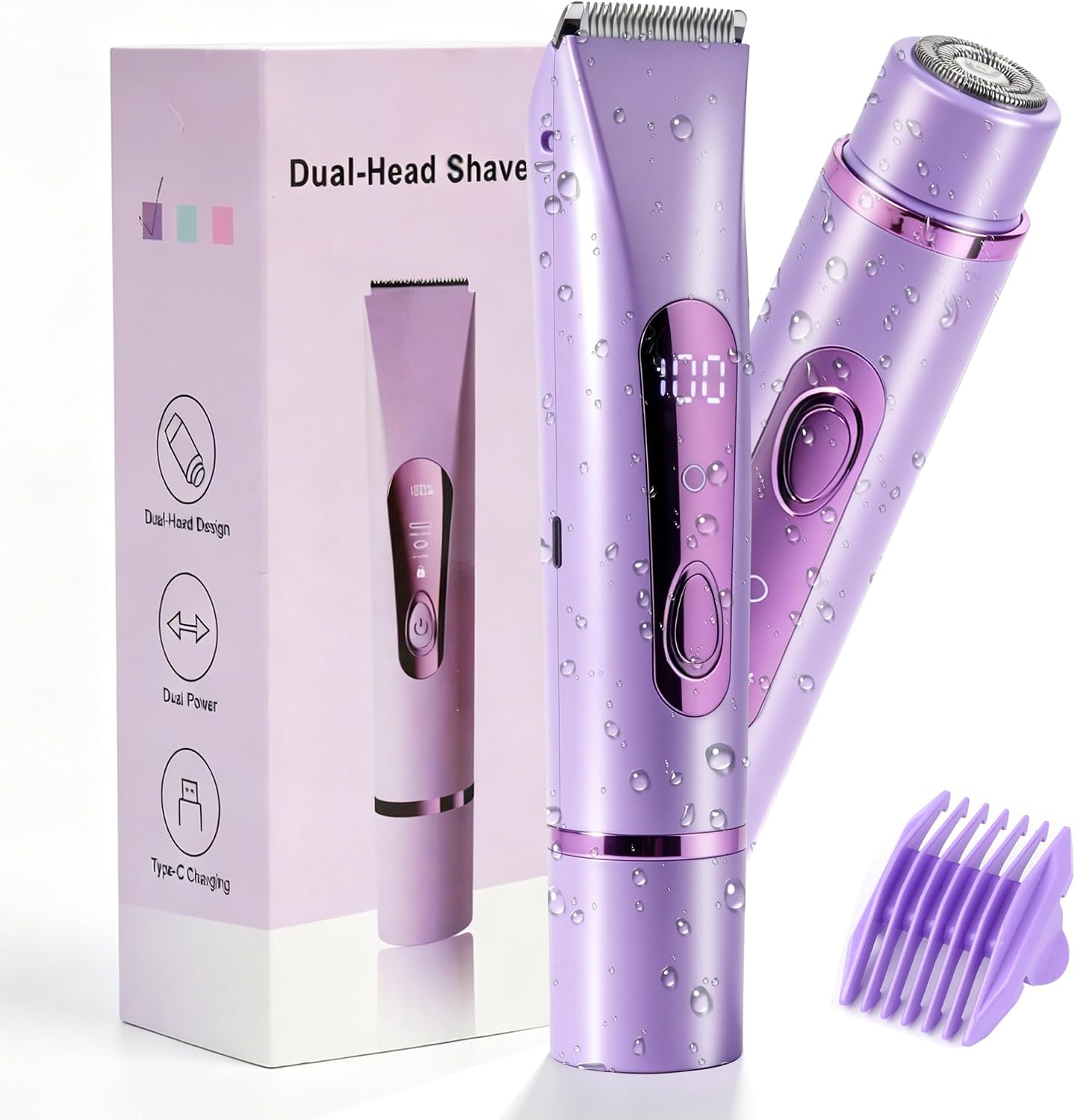 2-in-1 Bikini Trimmer for Women, Electric Razor for Pubic Hair & Body Hair, Painless Ceramic Blade, Waterproof Rechargeable Bikini Shaver for Sensitive Areas, Legs, Underarms & Face (Purple)