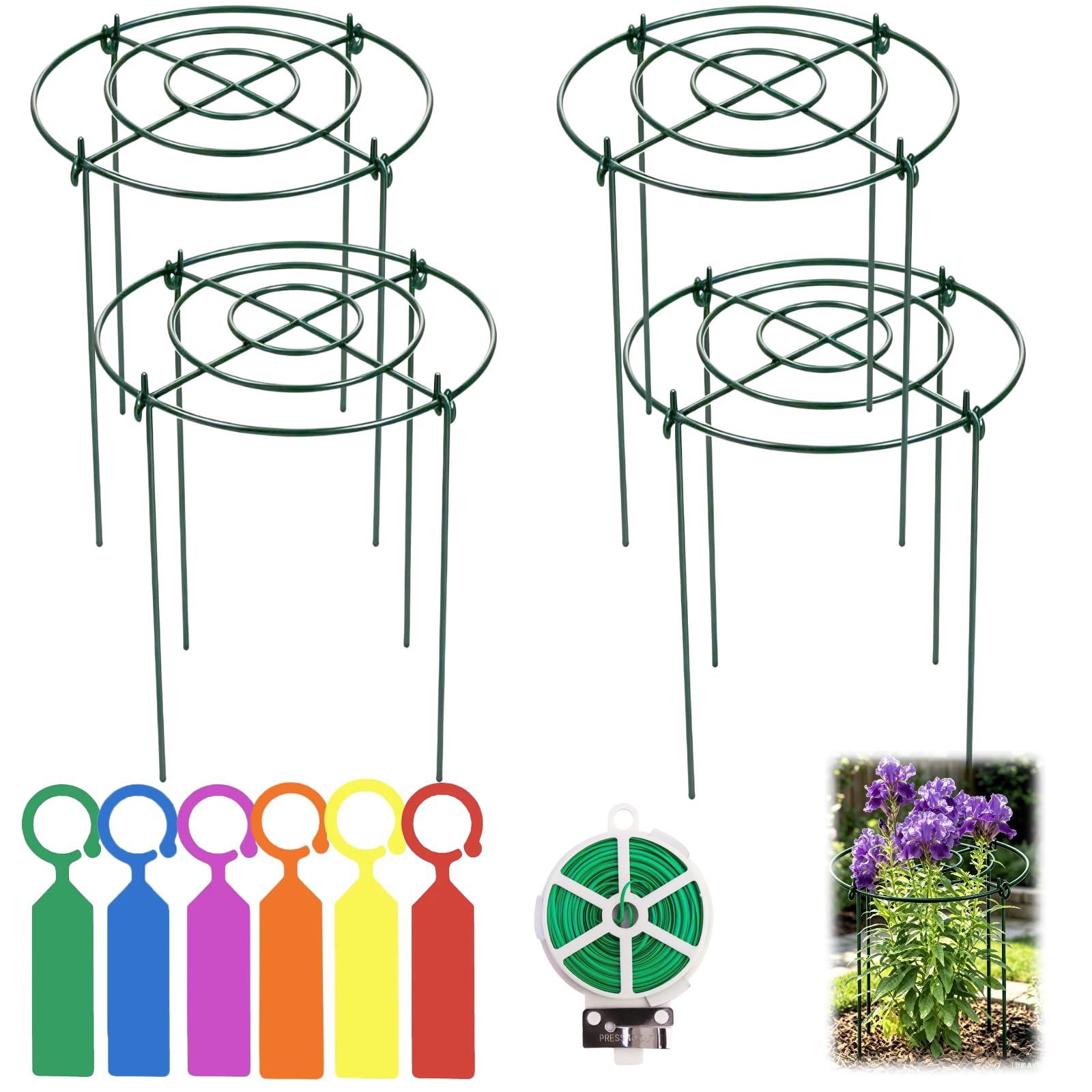 Chuanke Round Plant Supports, Peony Frame Green Metal with 4 Removable Legs