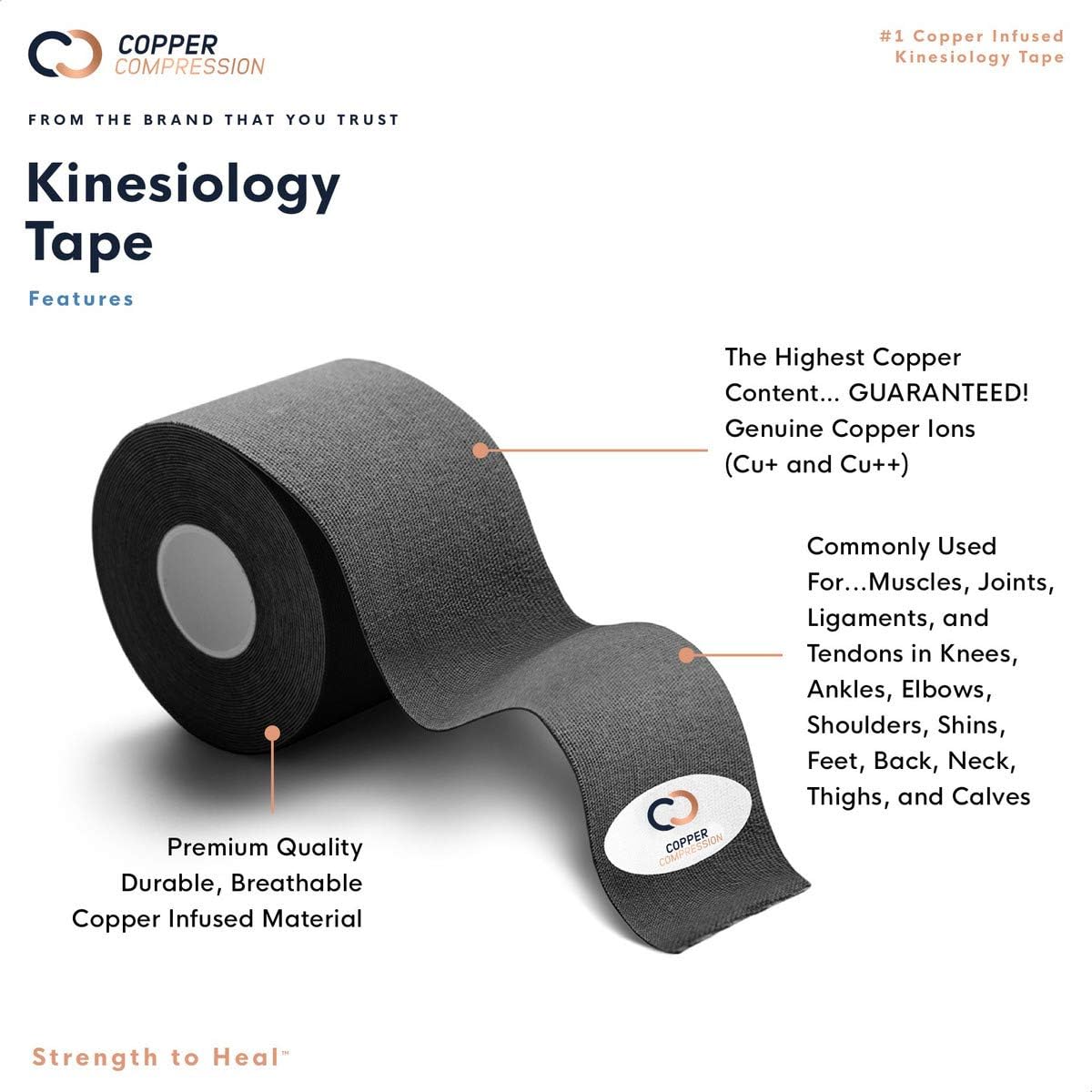 Best Cyber Monday 🔥 Copper Compression Kinesiology Tape - Guaranteed Highest Copper Athletic Sport K Tape. OneRoll Waterproof K-Tape for Men and Women. Kinesio Tapes Support Sports, Injuries, Knee, Shoulder, Ankle, Elbow