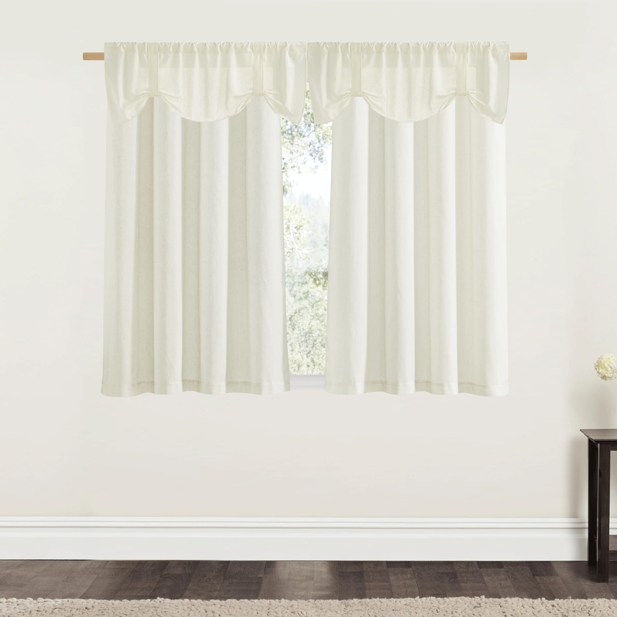 NICETOWN 2 Panels Grommet 55" x 54" Linen Curtains with 4 Adjustable 52" x 18" Linen Kitchen Valances, Off White