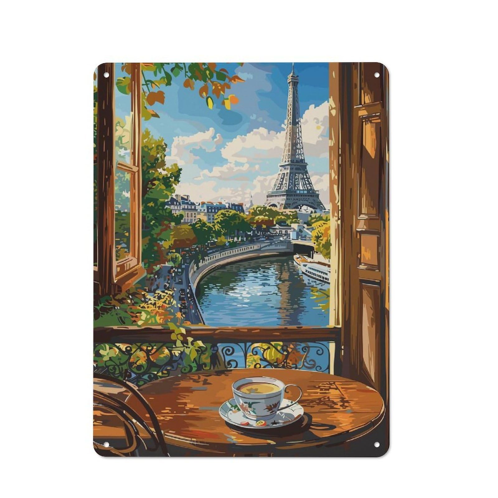 Junmoney Parisian View With Coffee Cup Vintage Tin Sign 40X30cm With For Workshop Wall, For Makers And Diy Enthusiasts, For Retro Home Interiors