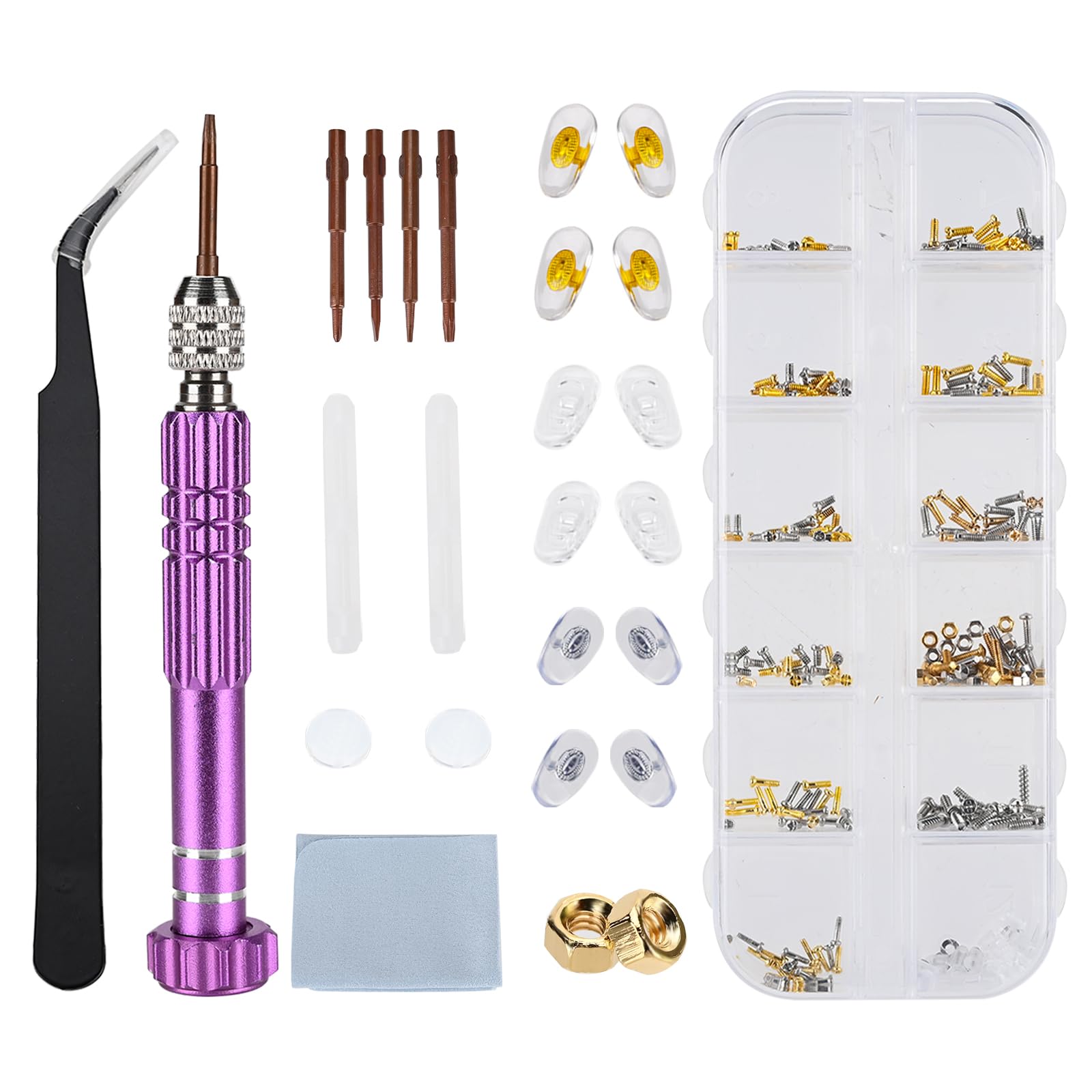 Upgraded Version Eyeglass Repair Kit with Various Eyeglasses Repair Screws, Ear Clips, Nose Pads, Tweezers and Magnetic Screwdrivers for Watch,