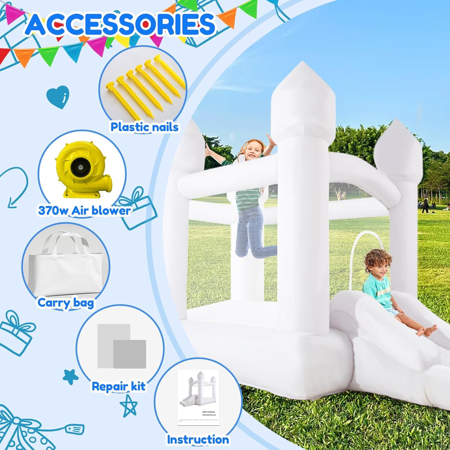 White Bounce House, Inflatable Bounce House with Slide& Blower，White Bouncy Castle for Kids Indoor&Outdoor Kids Ideal Gifts