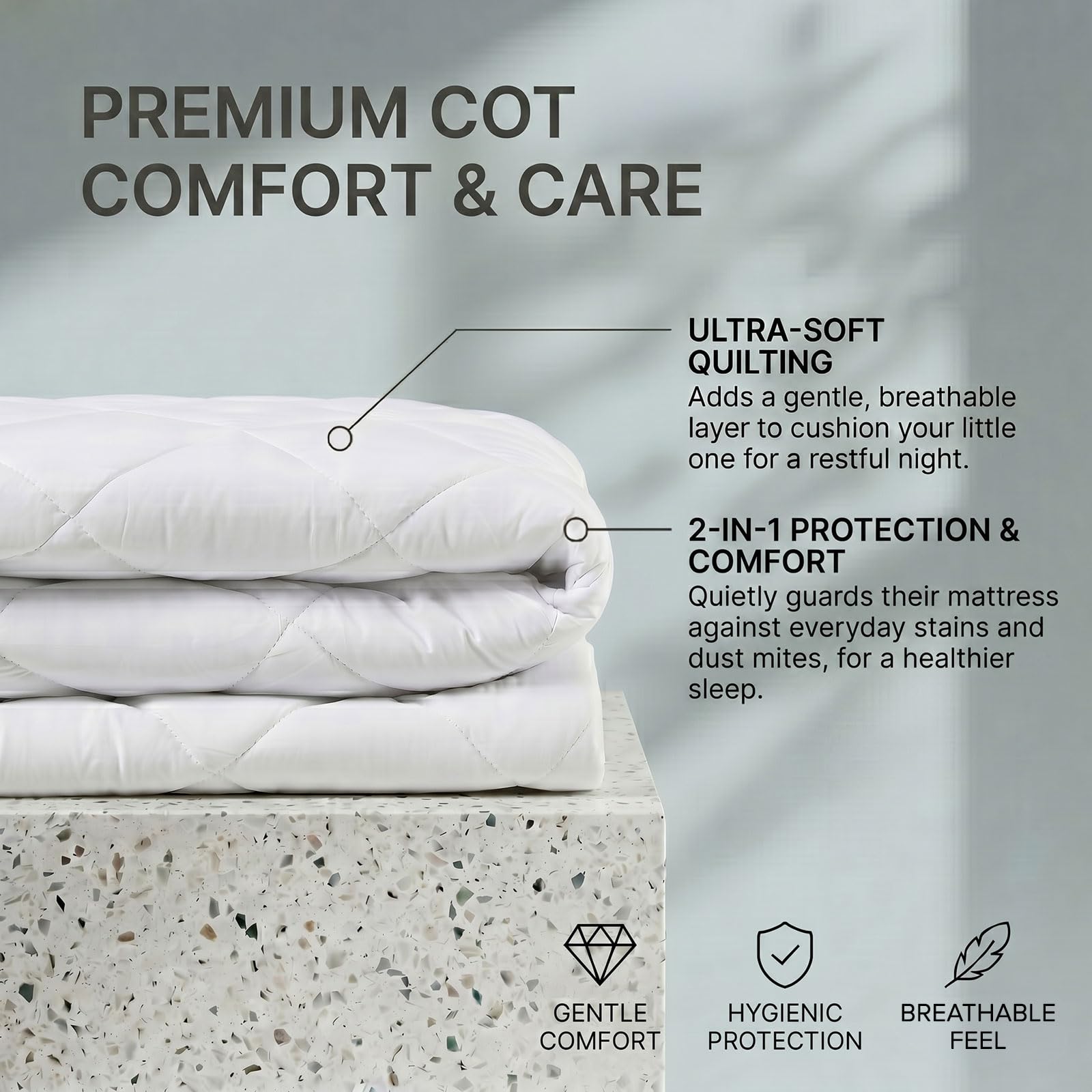 HOMESCAPES Cooling Cot Mattress Topper 60x120cm Set of 2 – Cool Touch Breathable Quilted Cot Mattress Pads for Baby & Toddler, Corner Straps, Washable, OEKO-TEX® Standard 100 Certified — view 6