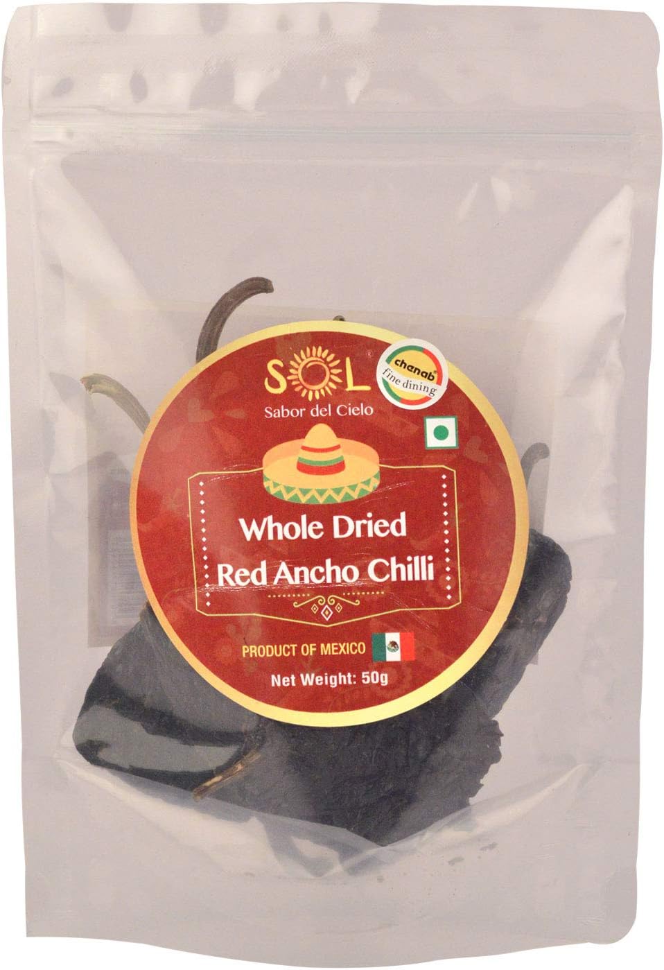Sol Whole Dried Red Ancho Chillies with stem, 50g