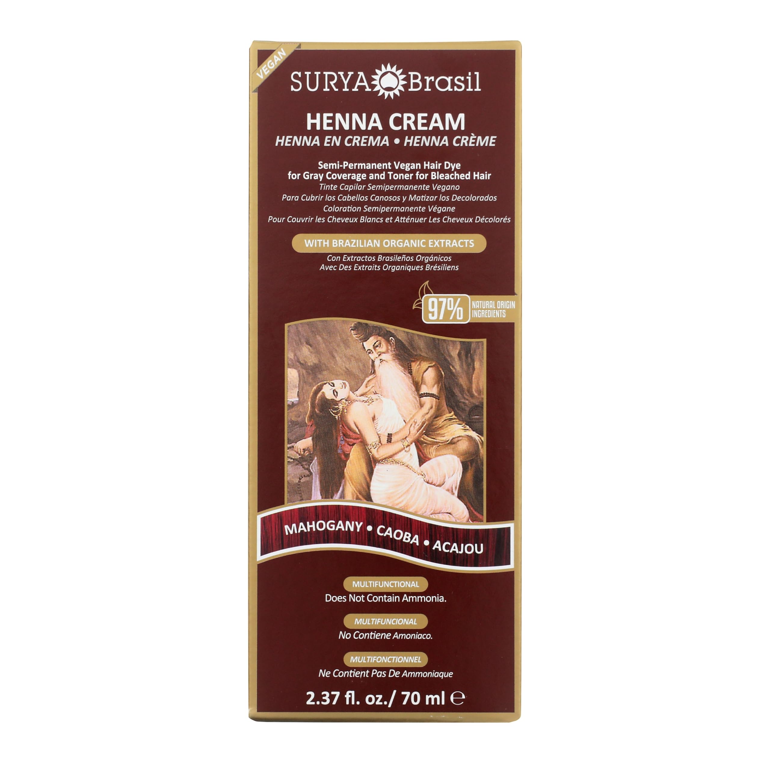 Surya Brasil Henna Cream Mahogany - 97% Natural Ingredients, Vegan, Cruelty-Free, Eco-Friendly, Semi-Permanent Hair Color, Deep Hydration & Shine, 2.37 oz