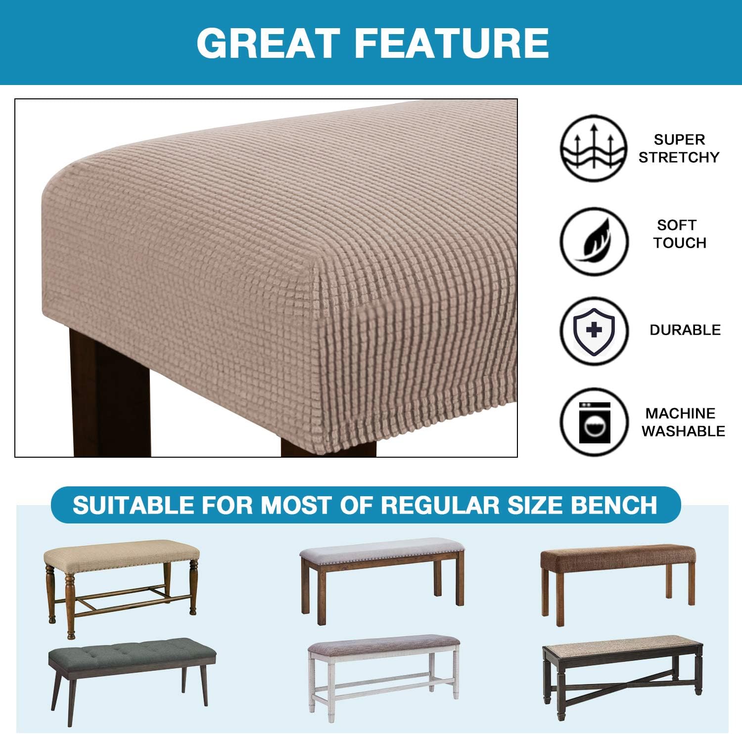 Stretch Bench Covers Removable Washable Khaki Bench Slipcover with Elastic Bottom Medium Bench Protectors Dining Chair Slipcovers for Living Room Kitchen Bedroom (Khaki)