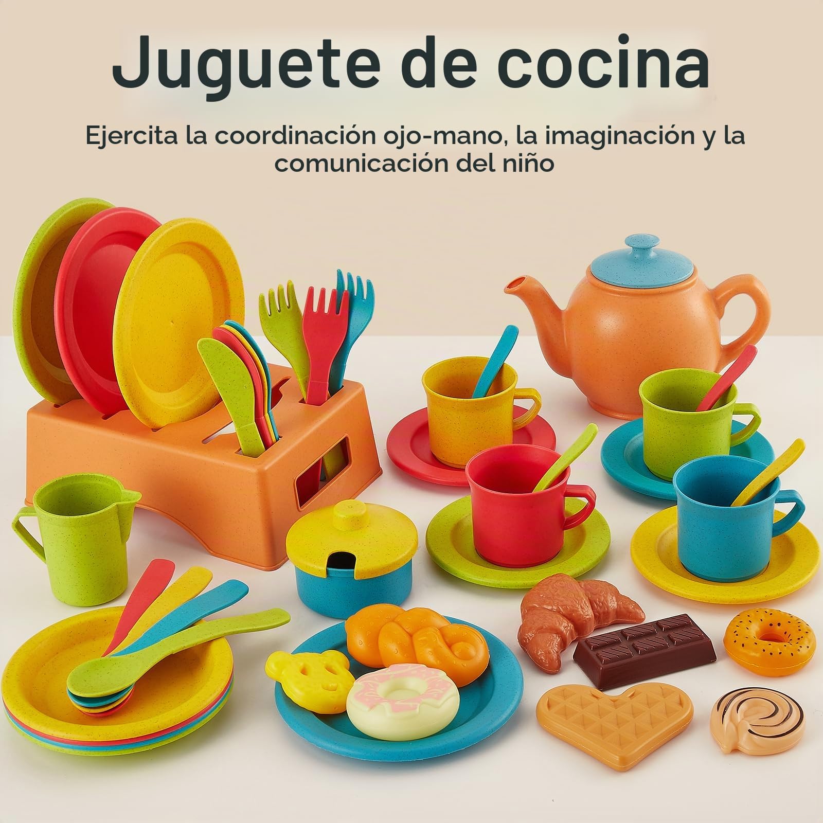 AOLEVA 44 Piezas Accesorios de Cocina para Niños, Juego de Té Utensilios Cocina Juguetes Regalo para Niños Infantil 3 Años