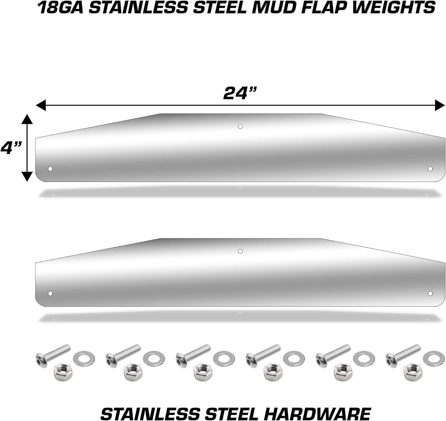 Universal Mud Flap Splash Guard Mirrored Stainless Steel Weights for Semi Trailer Trucks - 4" x 24" - 2 Piece Set
