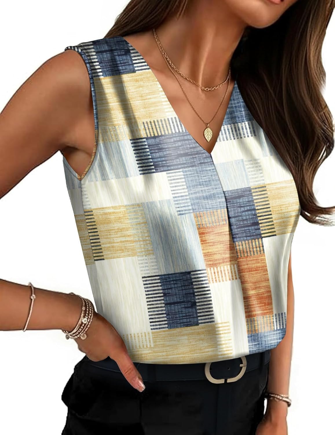 OFEEFAN Womens Tank Tops V Neck Silk Satin Camisole Pleated Sleeveless Blouses Dressy Casual Business Summer Basic Tank Shirt