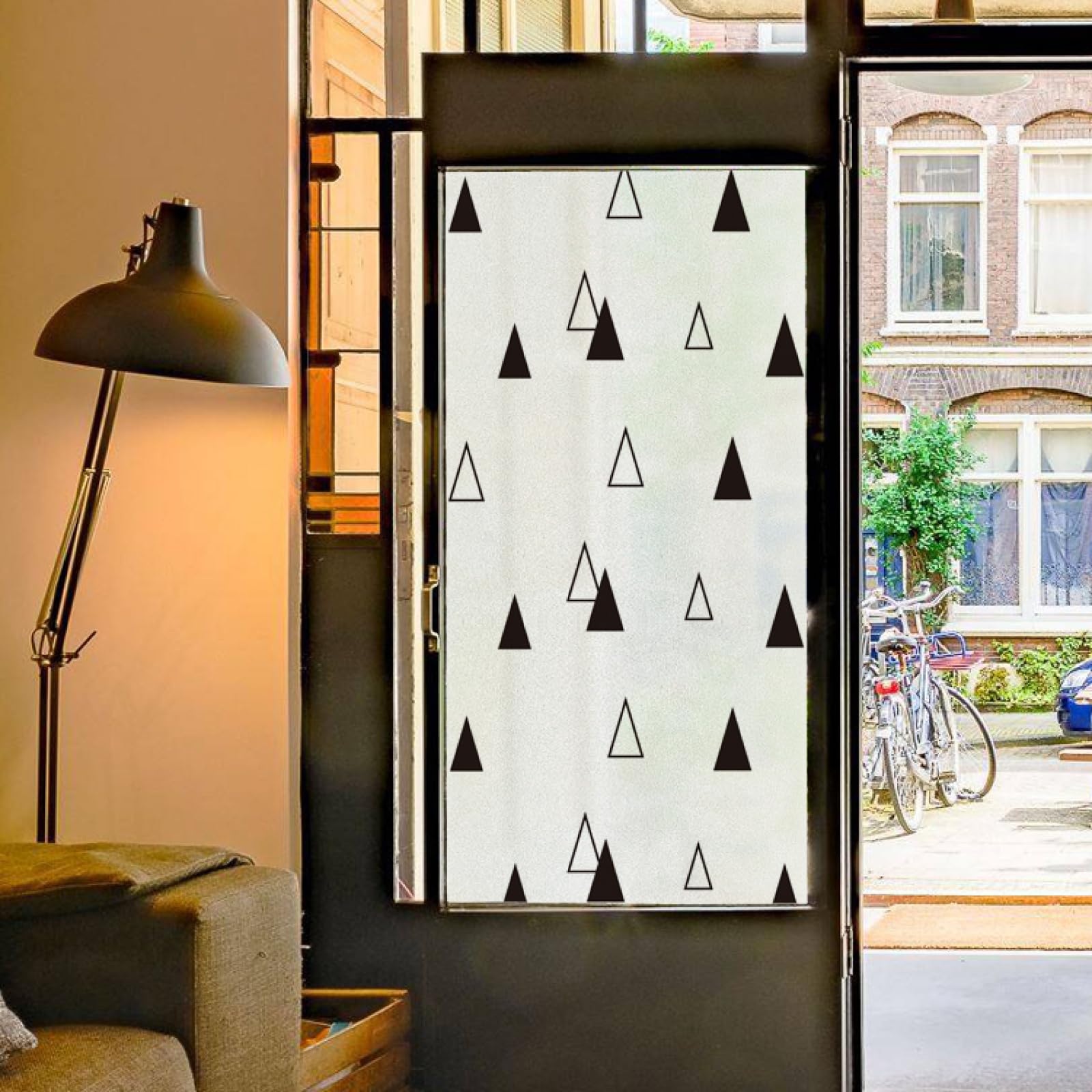 Fensterfolie Blickdicht Sichtschutzfolie, Sichtschutz für Fenster mit Dreieck-Aufdruck, Schwarz – Abziehen und Aufkleben, Keine Rückstände