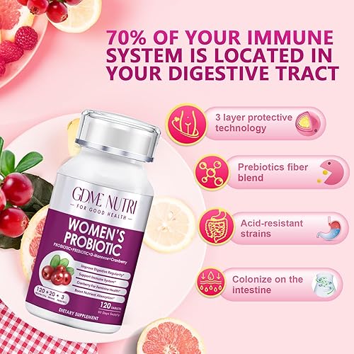 Miniatura 4 de Probióticos para mujeres, 120 comprimidos, 120 mil millones de UFC, 20 cepas, contiene arándano prebiótico orgánico, suplemento probiótico