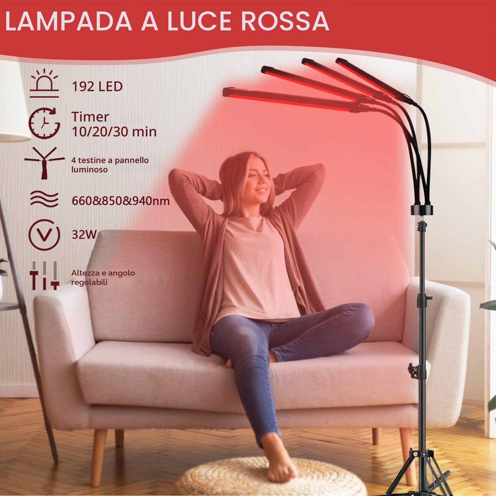 Lampada a 180 LED a luce rossa con supporto, 660 nm, 850 nm e 940 nm | Lampada a infrarossi, luce rossa con telecomando, 4 teste, luce rossa per uomini e donne, regalo di compleanno