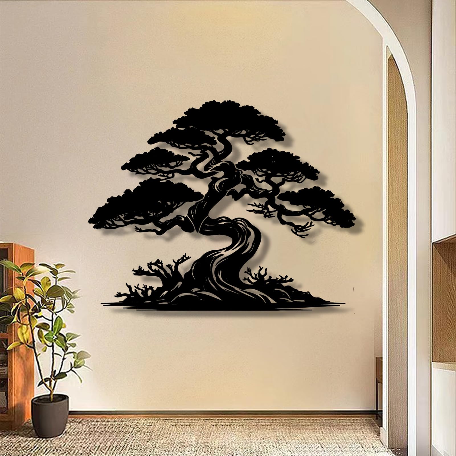 Grande Decorazione murale Astratta in Metallo a Forma di Pino, Bonsai, pianta Ornamentale da Appendere, Regalo per Amanti della Natura (Bianco, 80x63 cm)