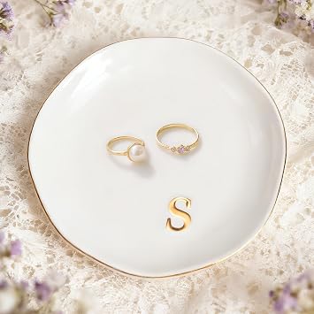 Initials Ring Dish Jewery Tray Ceramic Jewelry Tray Engagement Wedding Gifts for Friends,Sister,Birthday for Women, 4.75"