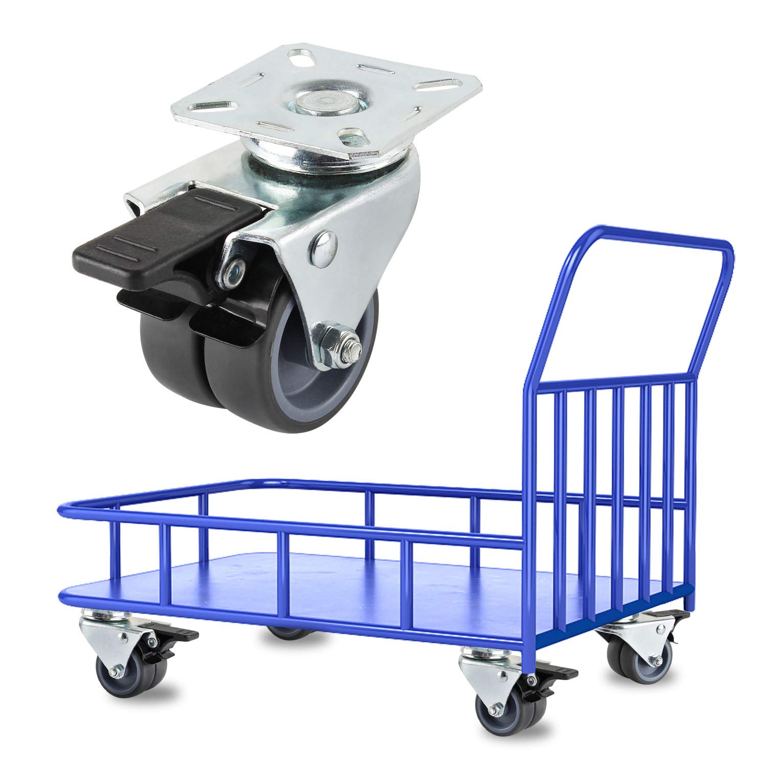 Transportrollen Doppelrollen Lenkrollen m/o Bremse Strandkorbrollen Rasen geeignet mit Bremse Stahlblech, verzinkt Grau TPR 4 Stück im Set 50mm Tragfähigkeit 150 KG
