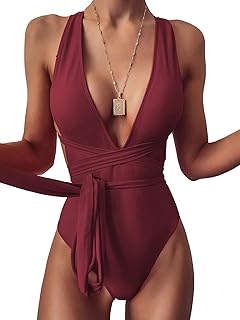 Sexy Tie Criss Cross Plunge One Piece Thong Swimsuit High Cut Brazilian Bathing Suit