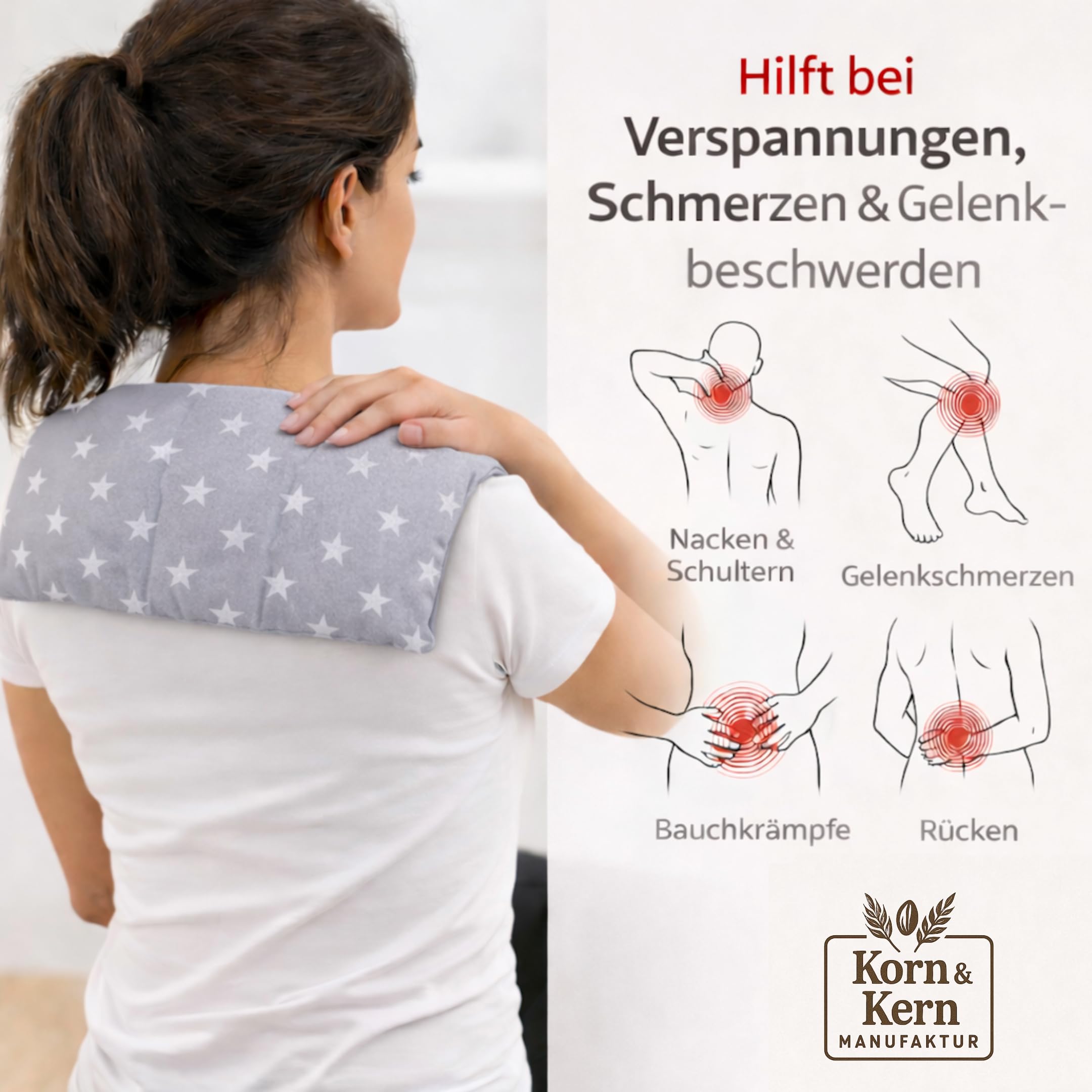 KORN&KERN Manufaktur Cojín térmico de huesos de cereza, 20 x 50 cm, 800 g, apto para microondas, cojín térmico natural con huesos de cereza, diseño de estrellas, alternativa a botellas de agua
