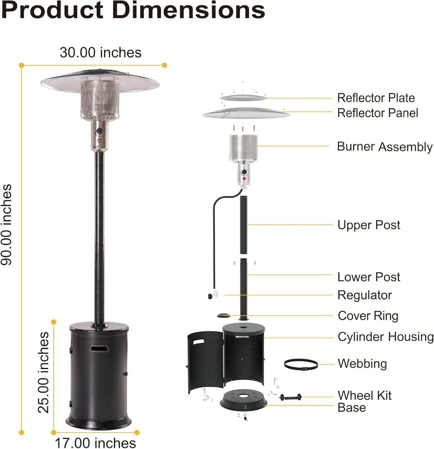 47000 BTU Outdoor Patio Heater With Round Table Design, Double-Layer 304 Stainless Steel Burner and Wheels,Propane Gas Standing Heater,20-Foot Radius, Black Hammered Finish